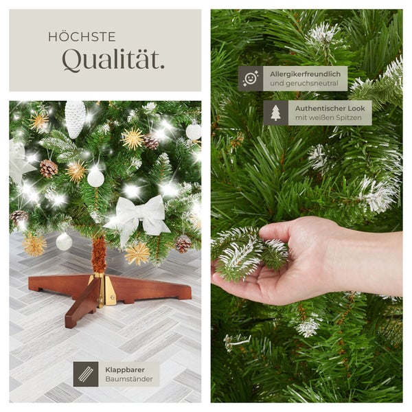 Künstlicher Weihnachtsbaum mit weißen Spitzen, klappbarem Holzständer, allergikerfreundlich, geruchsneutral und authentischer Optik.
