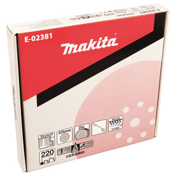 Makita Schleifscheiben E-02381 für Trockenbau, 225 Millimeter Durchmesser, Körnung 220, 25 Stück, Keramik, Kletthaftung.