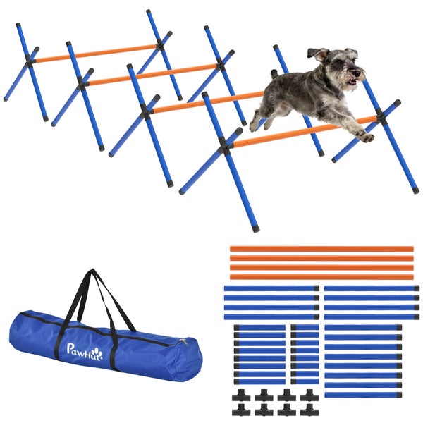 Agility Hürden-Set für Hunde mit vier Hürden, PawHut Logo auf der Tragetasche und Einzelteilen. Ein Hund springt über eine Hürde.