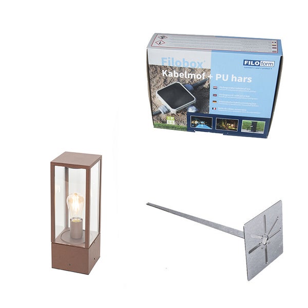 Außenstandleuchten-Set mit brauner rechteckiger Lampe aus Glas, Filobox Kabelmuffen-Set mit Polyurethan-Harz und Erdspieß.