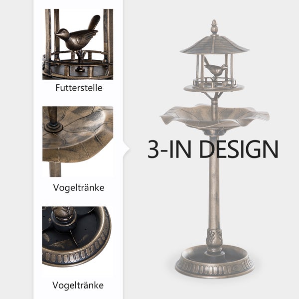 3-in-1 Vogelstation aus Metall in Antik-Optik mit Futterstelle, Vogeltränke und dekorativem Fuß.