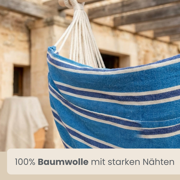 Hängesessel aus Baumwolle mit gestreiftem Muster und robusten Nähten für den Außenbereich.