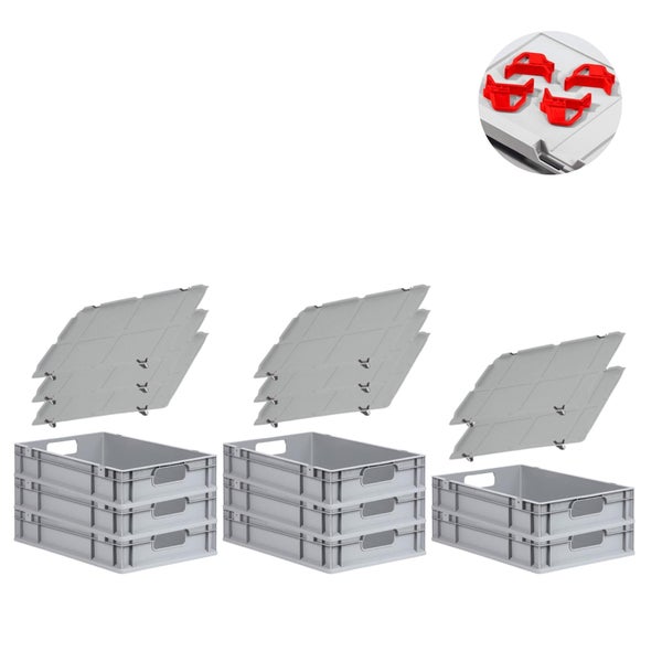 PROREGAL Spar Set 8x Eurobox Nextgen Economy Mit Auflagedeckel & 4x Schiebeschnappverschlüsse Rot Griffe Offen HxBxT 12 x 40 x 60 cm 23 Liter