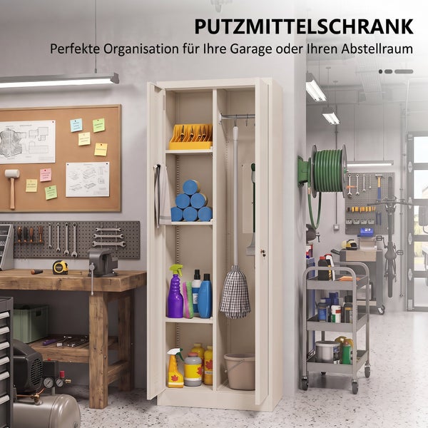 Hoher Metall Putzmittelschrank mit Regalfächern und Reinigungsgeräten in einer organisierten Werkstatt mit Werkbank und Werkzeugwand.