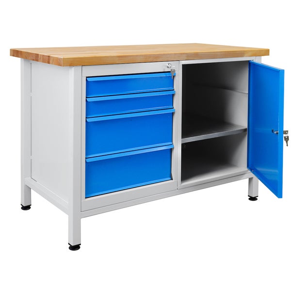 PROREGAL Werkbank Rhino mit 4 Schubladen 1 Tür HxBxT 84 x 120 x 60 cm Traglast 300 kg Lichtgrau Blau