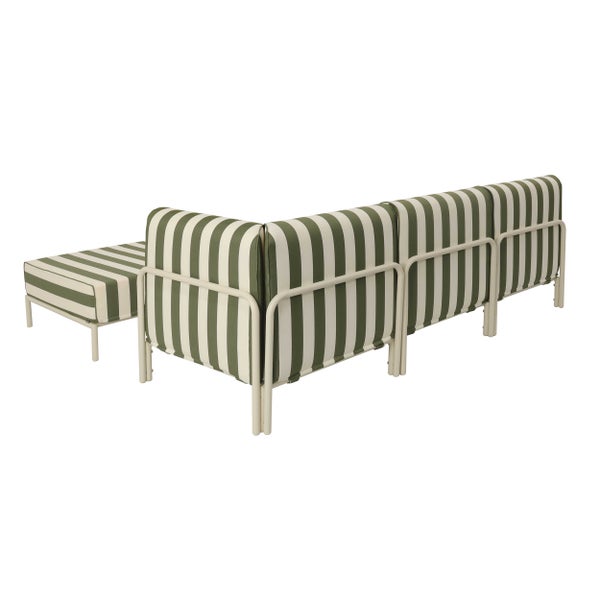 Modulare Garten-Lounge-Gruppe mit gestreiftem Stoffbezug und Metallgestell, bestehend aus Ecksofa und Hocker.