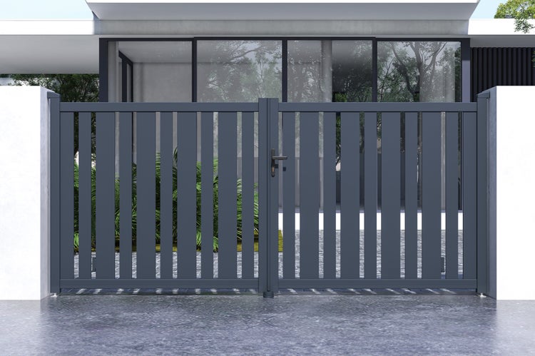 Flügeltor 3,5m VEYMONT H.160cm graues Aluminium + 2 Pfosten 20x20cm H.190cm