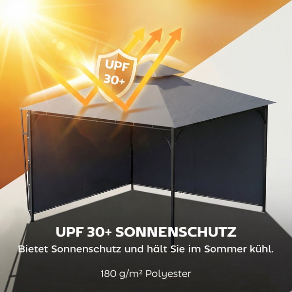 Gartenpavillon mit Seitenwänden aus 180 Gramm pro Quadratmeter Polyester und UV-Schutzfaktor 30 plus.