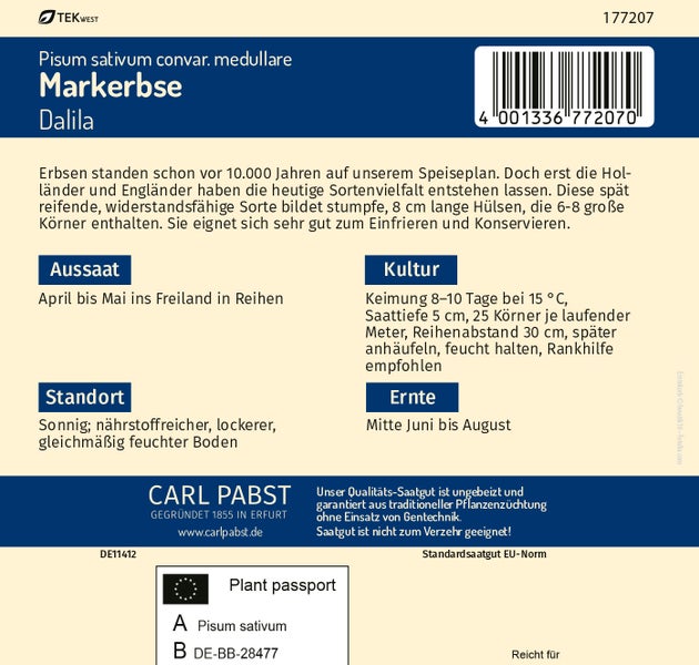 Rückseite der Saatgutpackung für Markerbse Dalila von Carl Pabst mit Anbauhinweisen, europäischem Pflanzenpass und Carl Pabst Logo.