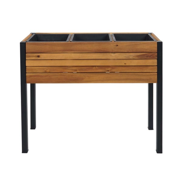 Hochbeet aus Holz mit schwarzem Metallgestell und drei Kunststoff-Einsätzen.