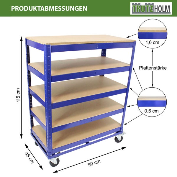 Trutzholm Schwerlastregal mit Rollen und Fachböden, Maße 115 mal 90 mal 45 Zentimeter, mit Plattenstärken von 0,6 und 1,6 Zentimetern.
