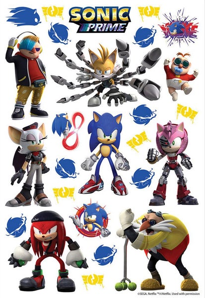 Sonic Prime Wandsticker-Set mit verschiedenen Charakteren wie Sonic, Knuckles, Tails und Doktor Eggman für die Dekoration im Kinderzimmer.