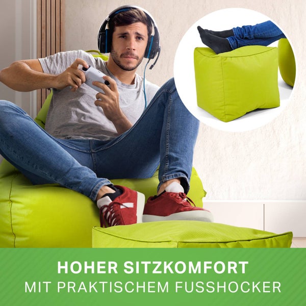 Green Bean 2er Set Sitzsack + Hocker - fertig befüllt - robust waschbar schmutzabweisend - Kinder & Erwachsene Bean Bag Bodenkissen Lounge Sitzhocker Relax-Sessel Gamer Gamingstuhl Pouf - Apfelgrün