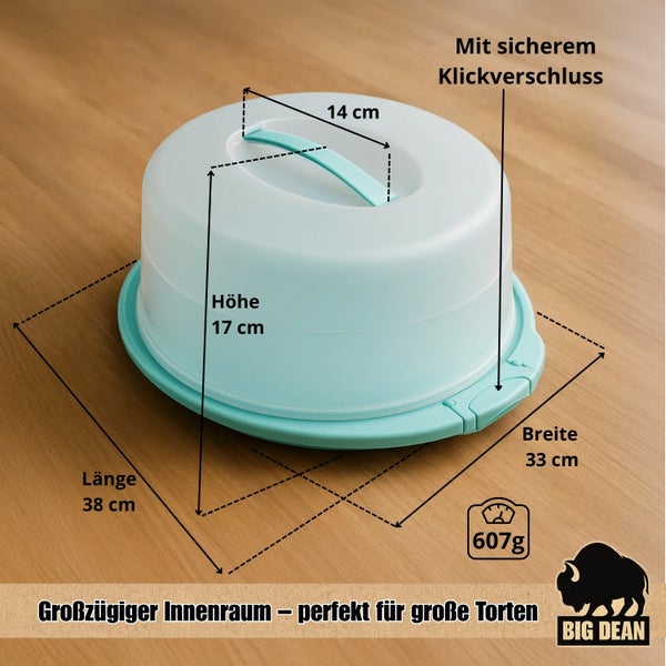 Tragbare Transportbox für Lebensmittel mit zwei Kühlakkus im Boden und Kunststoffeinlage für Muffins oder Snacks. Big Dean Logo.