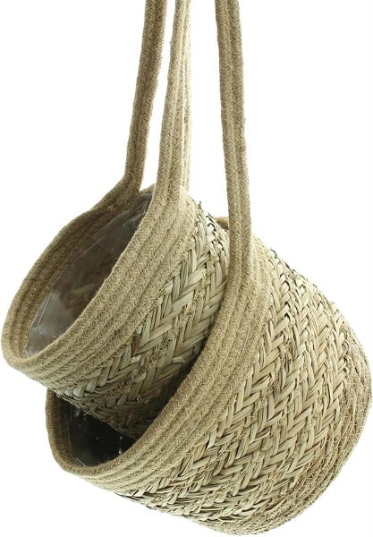 Dekoleidenschaft 2x Hängekorb aus Seegras & Jute, Hängepflanzkorb, Aufbewahrungskorb zum Aufhängen, Wandpflanzer, Hängeblumentopf