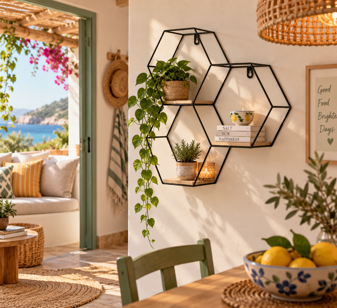 Sechseckiges Wandregal aus Metall und Holz dekoriert mit Zimmerpflanzen und Wohnaccessoires in einem hellen Wohnraum mit Blick auf das Meer