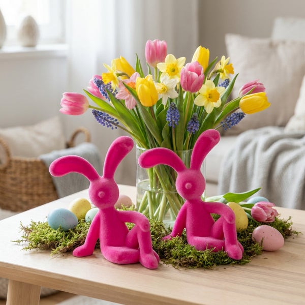 Osterdekoration mit zwei sitzenden Hasenfiguren, einer Blumenvase mit Tulpen und Narzissen sowie Ostereiern auf Moosunterlage auf einem Holztisch.