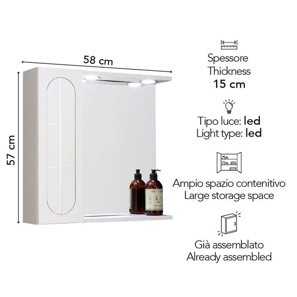 Spiegelschrank weiß mit LED-Beleuchtung, Maße 58 mal 57 mal 15 Zentimeter, fertig montiert mit großem Stauraum.