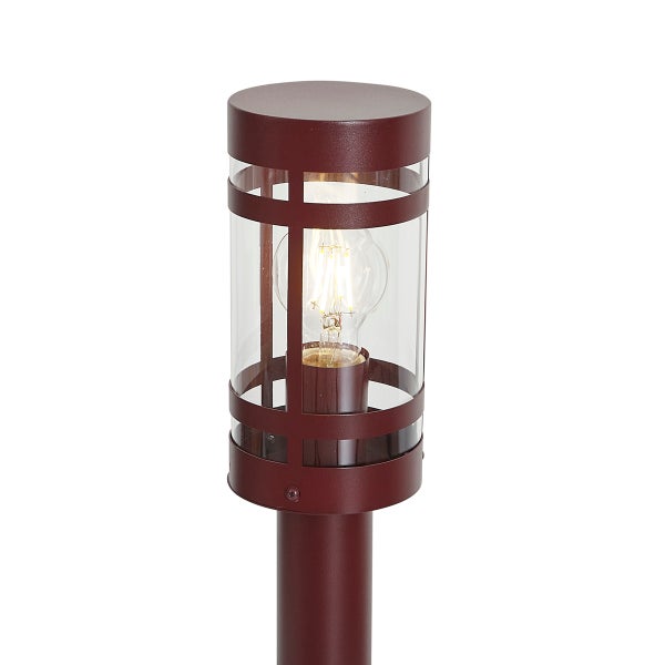Zylindrische Wegeleuchte aus dunkelrotem Metall mit klarem Glas und sichtbarem Filamentleuchtmittel für den Außenbereich.