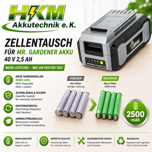 HKM Akkutechnik Zellentausch Service für Mr. Gardener Akku 40 Volt 2500 Milliamperestunden mit neuen Markenzellen für mehr Leistung und Laufzeit.