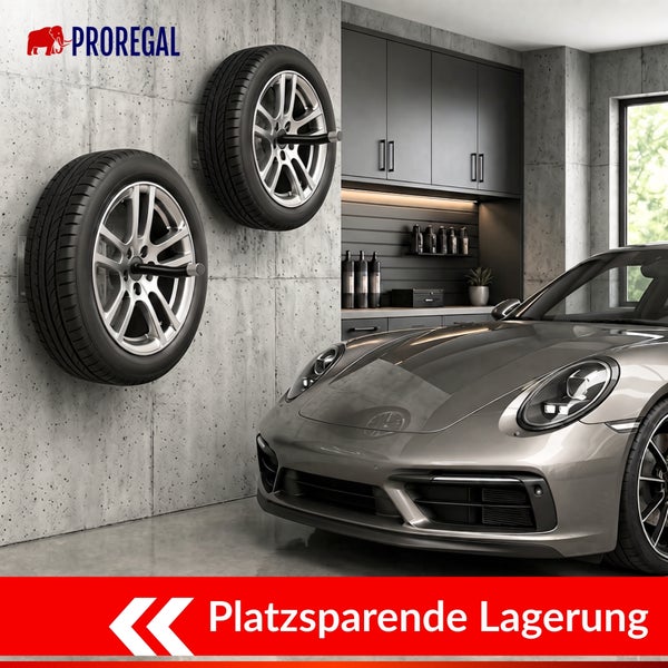 Proregal Wandhalterung zur platzsparenden Reifenlagerung montiert an einer Betonwand in einer Garage mit Sportwagen.