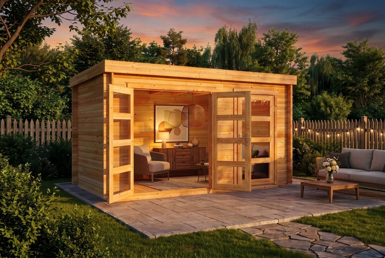 Modernes Gartenhaus aus Holz mit Flachdach und großen Glastüren, eingerichtet mit Möbeln auf einer gepflasterten Terrasse.