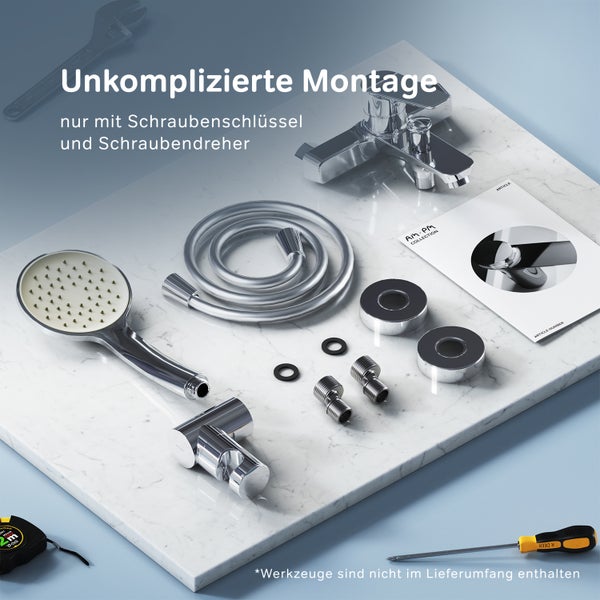 Duscharmatur Set mit Brauseschlauch, Handbrause, Armatur und Befestigungsmaterial auf einem Tisch