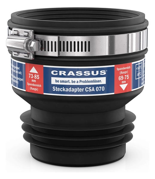 Crassus Steckadapter CSA 070 aus Gummi mit Edelstahl-Spannschelle, Spannbereich 73 bis 85 Millimeter und 69 bis 75 Millimeter.