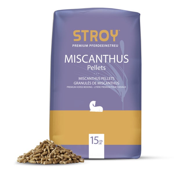 Sack Stroy Miscanthus Pellets 15 Kilogramm als Premium Pferdeeinstreu mit abgebildeten Pellets