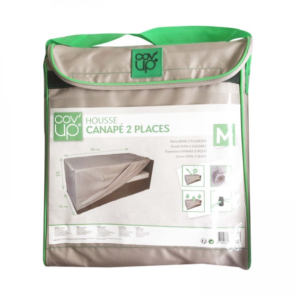 Verpackung einer Cov'up Schutzhülle für 2-Sitzer Gartensofas mit Cov'up Logo. Maße 130 mal 75 mal 60 Zentimeter.