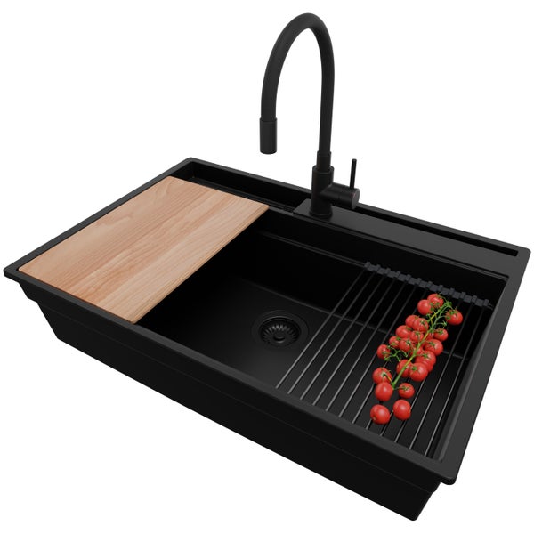 PRIMAGRAN Granitspüle Alles Schwarz 78x53cm, Spülbecken 1 Becken + Küchenarmatur 40x38cm + Ablauf-Set + Küchenzubehörset, Küchenspüle ab 80er Unterschrank - Oslo Pocket