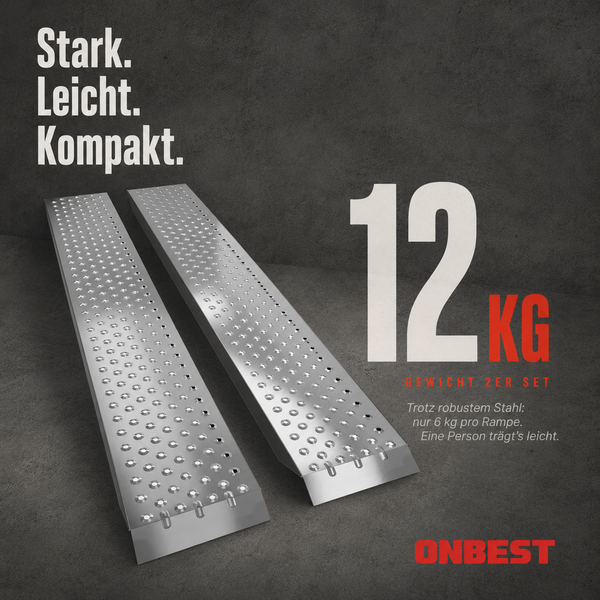 Zwei Auffahrrampen aus Stahl im Set mit 2 Stück und einem Gesamtgewicht von 12 Kilogramm. ONBEST Logo.