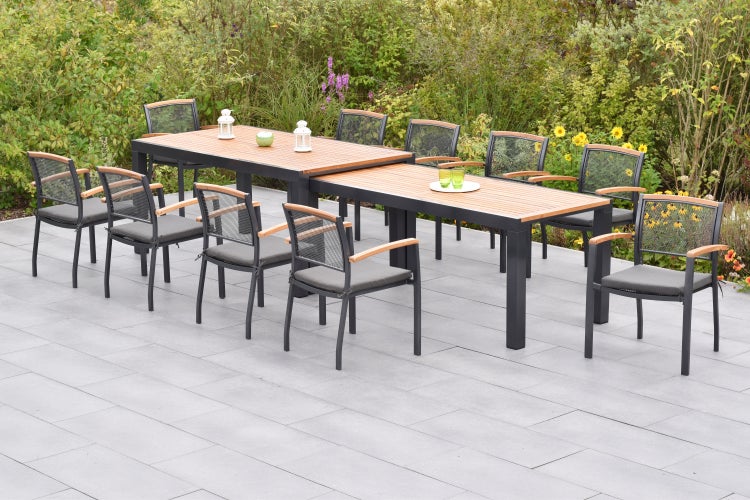 Tilos Gartenmöbelset 21tlg., Stapelsessel inkl. Auflagen, Flex Ausziehtisch 180 (360) x 100 cm