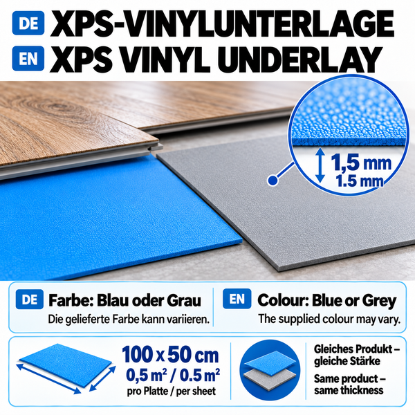 XPS Vinylunterlage mit 1,5 Millimeter Stärke, Format 100 mal 50 Zentimeter pro Platte, für Bodenbeläge geeignet.