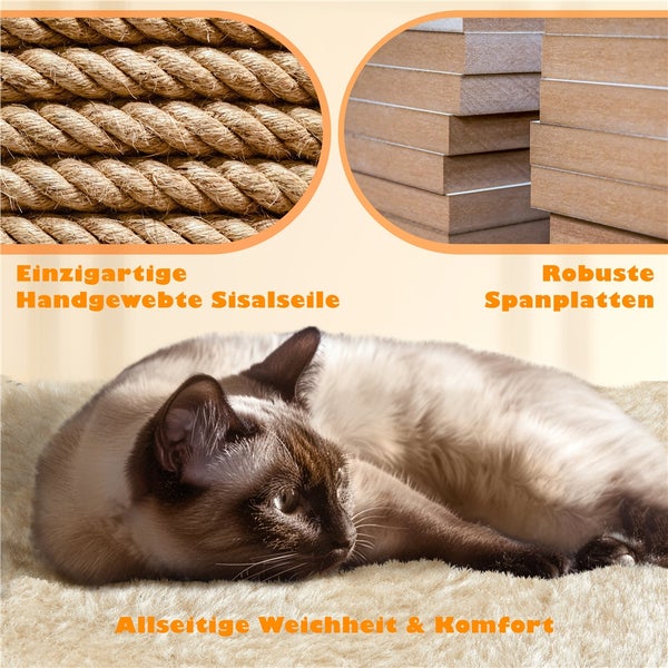 Nahaufnahme von handgewebtem Sisalseil, robusten Spanplatten und einer Katze für Kratzbaum oder Katzenmöbel