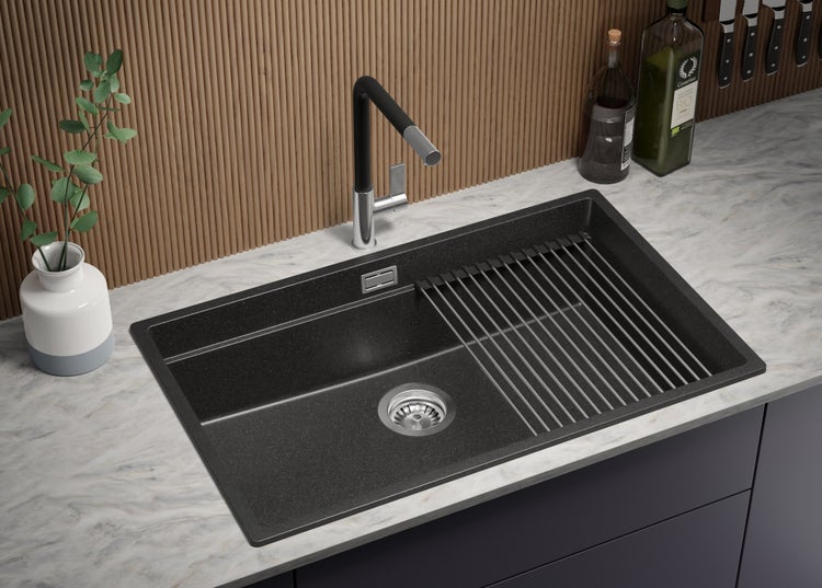 PRIMAGRAN Spülbecken Anthrazit 76x47cm, Granitspüle 1 Becken + Ablauf-Set + Aufrollbare Abtropffläche, Küchenspüle ab 80er Unterschrank - Praga Slim