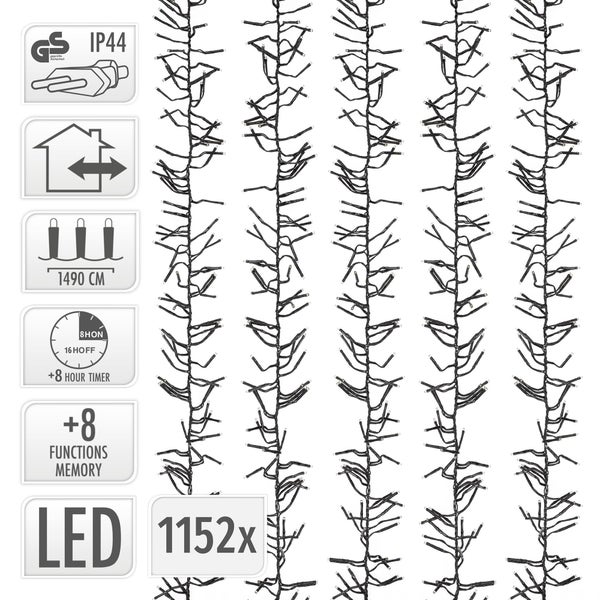 LED Lichterkette mit 1152 Leuchtdioden, 1490 Zentimeter lang, für den Innen- und Außenbereich geeignet mit Schutzart IP44 und 8 Stunden Timer.
