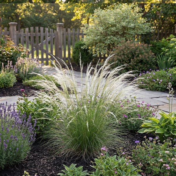 Ziergras als Solitärpflanze in einem gepflegten Gartenbeet mit Natursteinweg und Begleitbepflanzung wie Lavendel und Stauden.