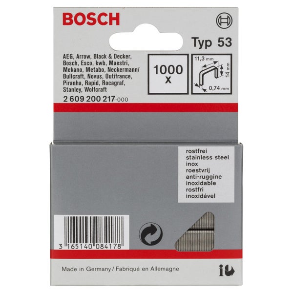 Bosch 1.000x Feindrahtklammer Typ 53, 11,4 x 0,74 x 14 mm aus rostfreiem Stahl - 2609200217