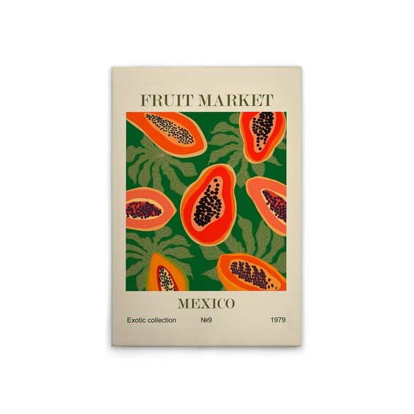 Illustration von Papayas auf einem Poster mit dem Titel 'Fruit Market Mexico'