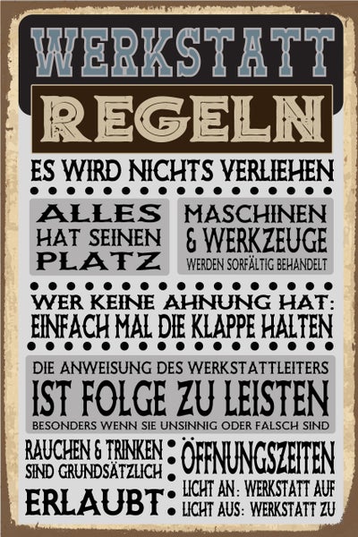 Metallschild mit der Aufschrift Werkstatt Regeln und humorvollen Verhaltensregeln für die Werkstatt im Retro-Design.