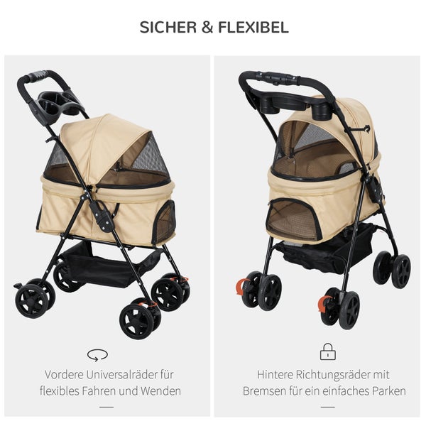 PawHut Hundewagen Hundebuggy mit Klappfunktion Pet Stroller für kleine Hunde und Katzen Haustierwagen Katzenbuggy Oxford Khaki 67 x 45 x 96 cm