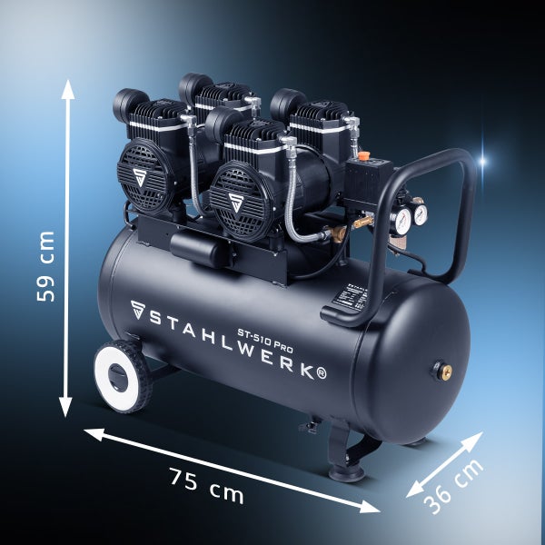 Stahlwerk ST-510 PRO Kompressor mit den Maßen 59 cm Höhe, 75 cm Länge und 36 cm Breite.