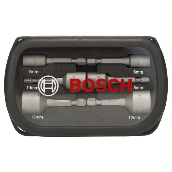 Bosch Logo. Steckschlüsseleinsatz-Set mit verschiedenen Größen in einer schwarzen Box.
