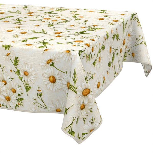 Eckige Tischdecke mit Margeriten-Muster und grünen Blättern aus strukturiertem Stoff.