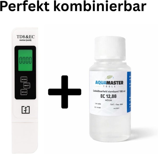 Digitales Messgerät für Leitfähigkeit und Feststoffe von Aqua Master Tools mit 100 Milliliter Kalibrierflüssigkeit.