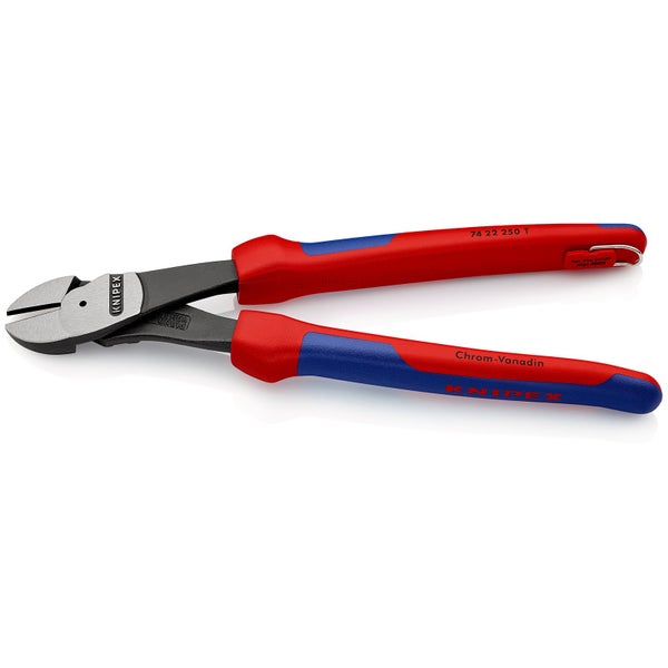 Knipex Kraft-Seitenschneider mit Befestigungsöse schwarz atramentiert, mit Mehrkomponenten-Hüllen, mit integrierter Befestigungsöse zum Anbringen einer Absturzsicherung 250 mm - 7422250TBK