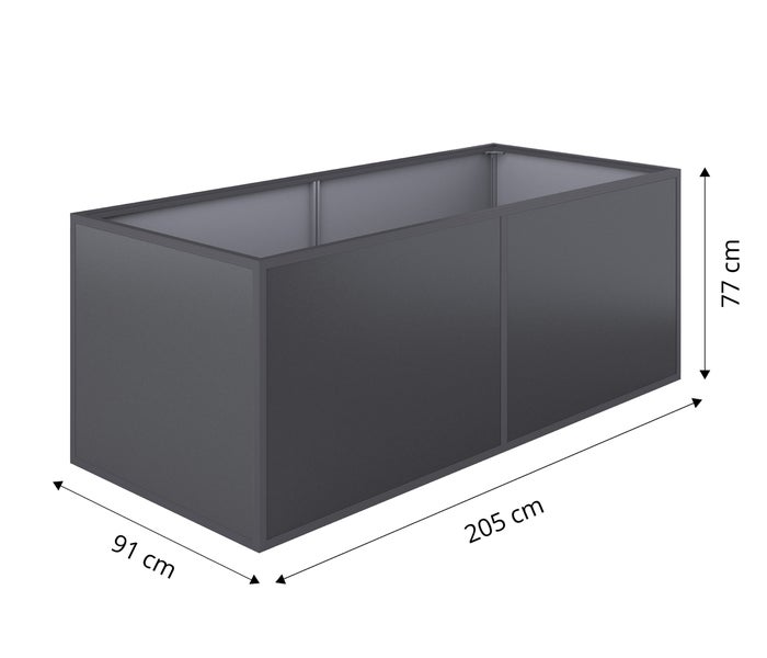 Rechteckiges Hochbeet aus Metall mit den Maßen 205 Zentimeter Länge, 91 Zentimeter Breite und 77 Zentimeter Höhe.