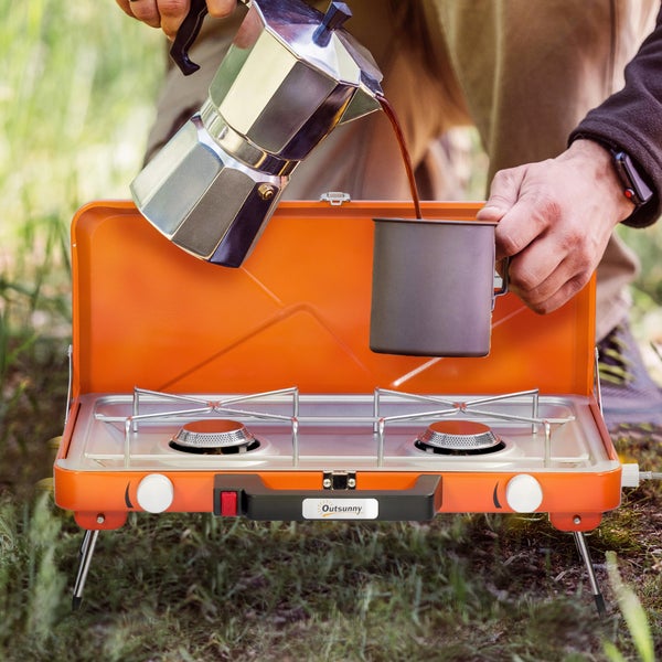 Outsunny Gasgrill, Tischgrill, BBQ mit 2 Brennern, für Picknick, Garten, 46,5 x 33,5 x 17,4 cm, Edelstahl+Metall, Orange