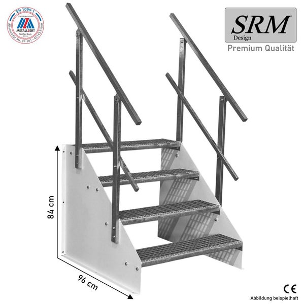 Vierstufen-Stahltreppe mit Handlauf, Gitterroststufen, Höhe 84 Zentimeter, Tiefe 96 Zentimeter. SRM Design Logo, EN 1090-1 zertifiziert, CE-Zeichen.